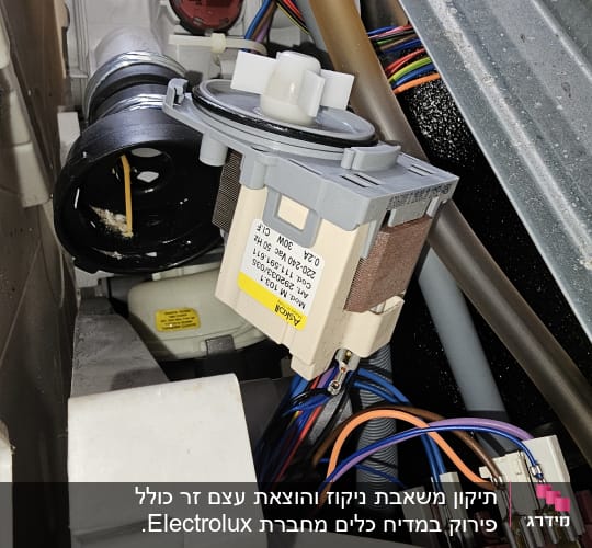 חלקים פנימיים של מכשיר חשמלי עם חוטים וצינורות